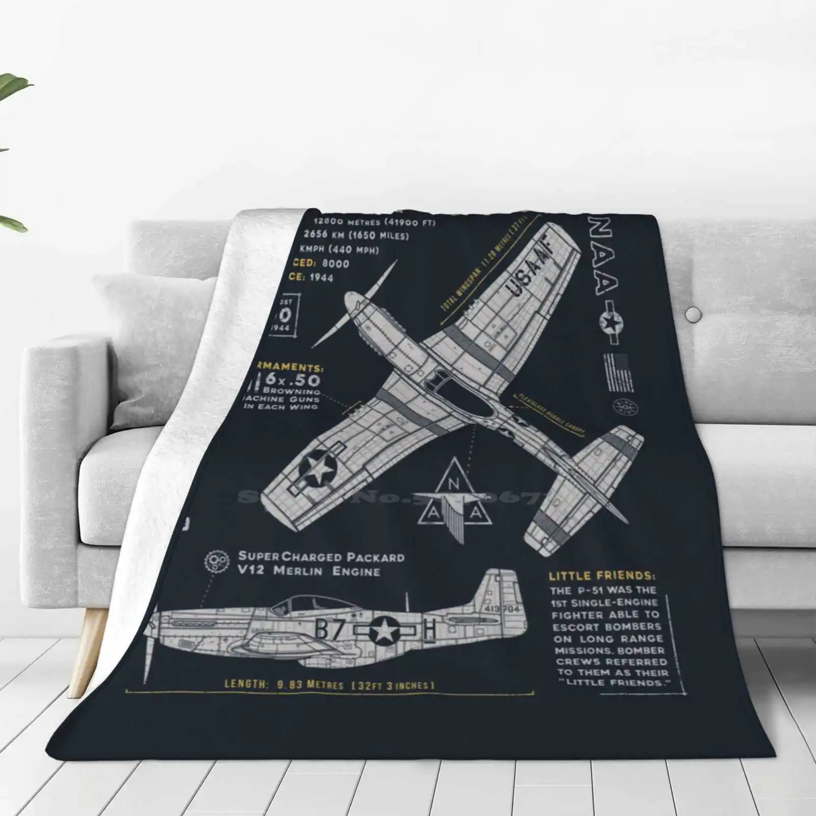 P-51 Creative Design Comfortable Warm Flannel Blanket P51 P 51D Tuskegee Airmen Redtails Red Tails Ferocious Frankie Blueprint