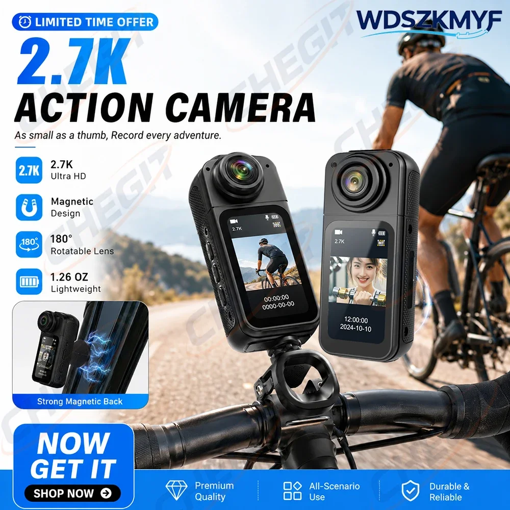Videocamera Sportiva WIFI Miniaturizzata 2.7K con Schermo da 1.47'' per Attività all'Aperto e Ciclismo, Angolo di Visione 180° ° Registratore Magnet
