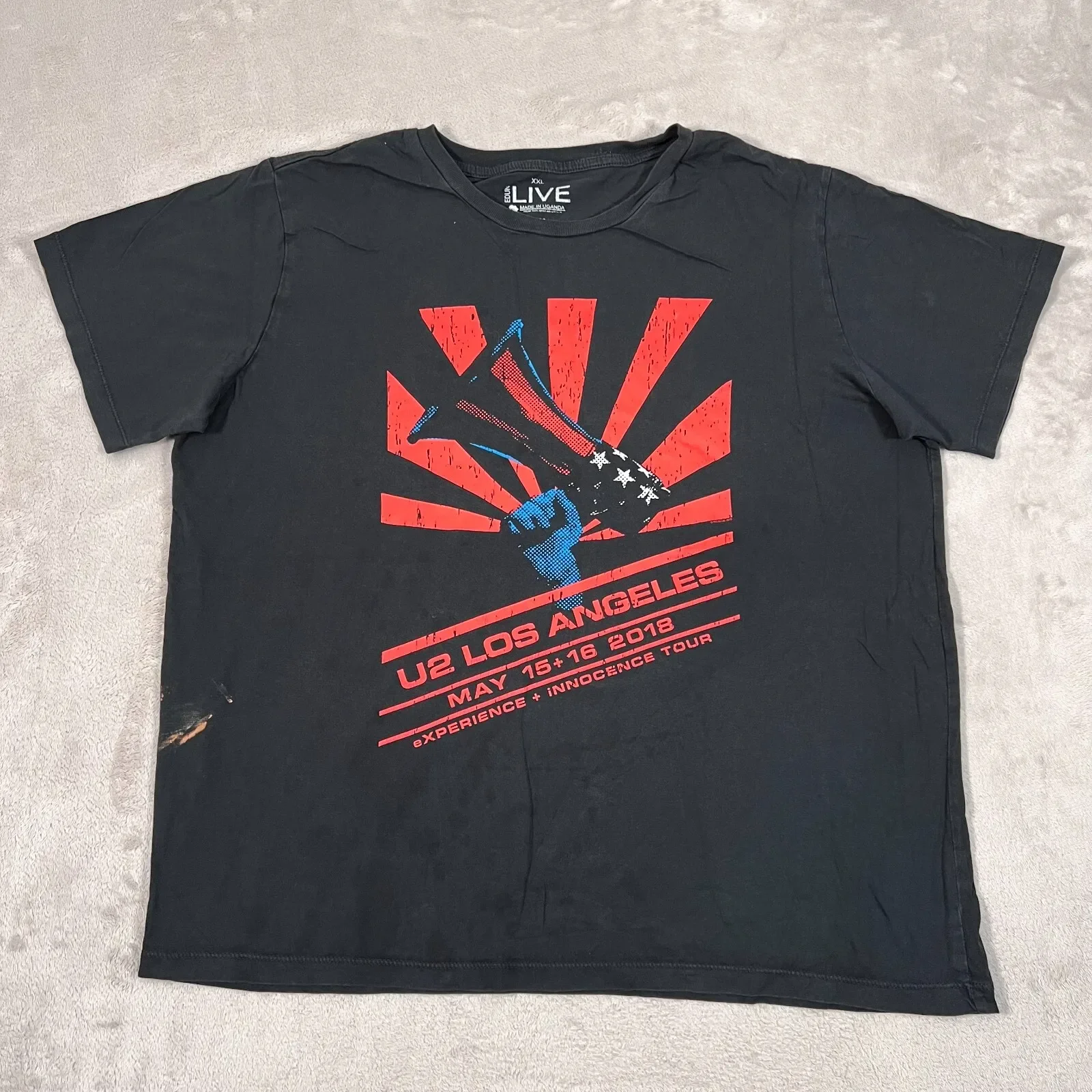 Camisa de banda U2 masculina 2XL Black Experience Innocence Tour 2018 Los Angeles Crewneck