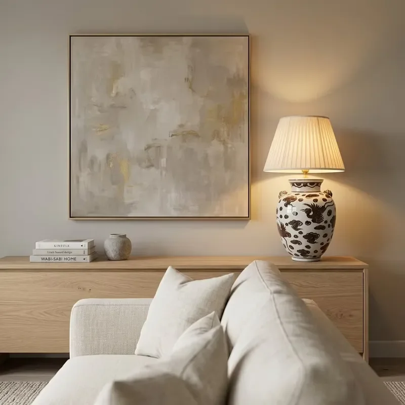Modern Asian Style Ceramic Table Lamp with Dark Cloud Crane Pattern Pleated Fabric Shade Retro Animal Ear Design for Bedroom