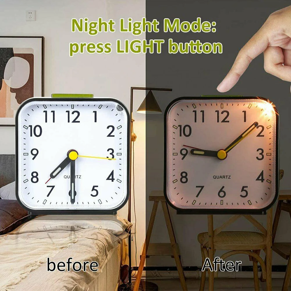 Jam Kuarsa Analog Tidak Berdetak dengan Lampu Meja Kecil Jam Alarm Bercahaya Senyap Tunda untuk Tidur Berat Kamar Tidur Kantor