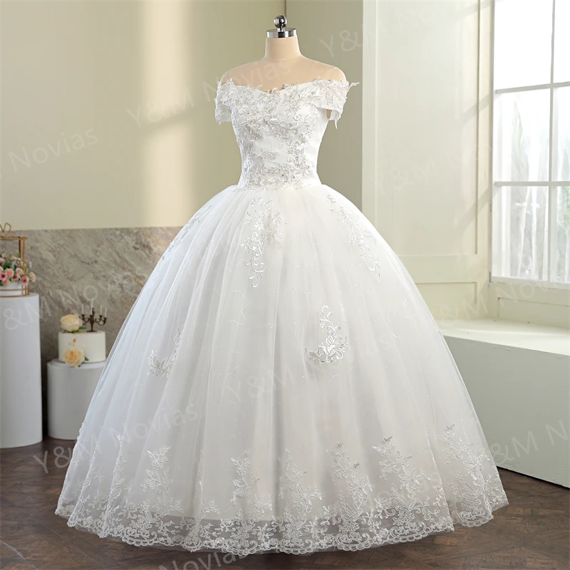 Y & M Novias Cheap Off spalla Vestido De Noiva abito da sposa avorio treno o pavimento su misura Plus Size Tulle da sposa Mariage