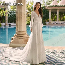 RODDRSYA Boho Wedding Dress Lace Long Sleeves V Neck Beach Chiffon Illusion Back A Line Bridal Gown Customized vestidos de noiva