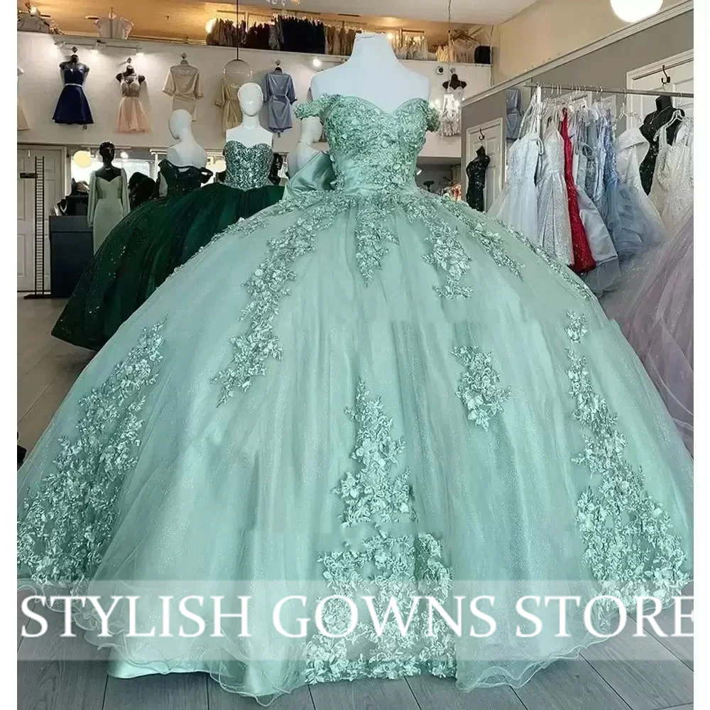 Sage Green Off The Shoulder Quinceanera Dresses customsized Floral Appliques Lace Bow Back Corset For Sweet 15 Girls Party