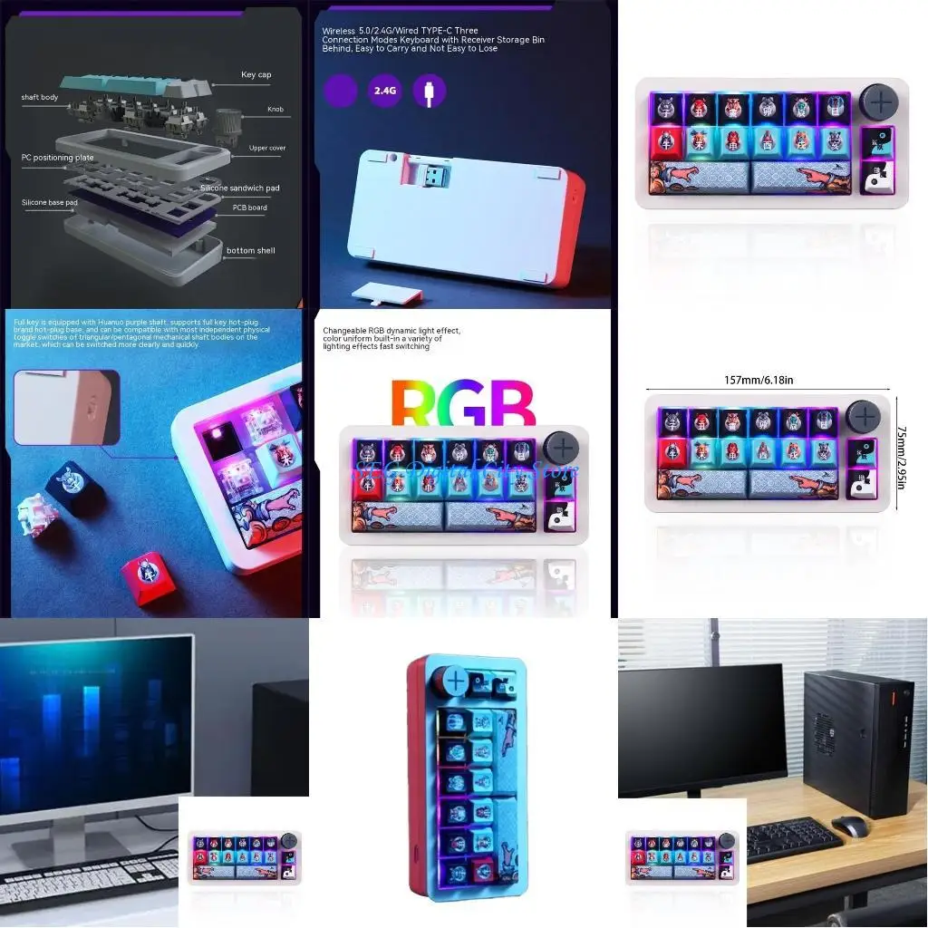 

U75B Miniature Keyboard 2.4G Bluetooth-compatible Wireless Keyboard with Knob RGB Office Programmable Keypad Replacement