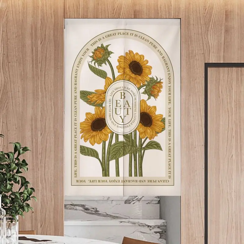 Retro Arch Sunflower Fabric Half Door Curtain Split Partition Curtain Non Perforated Hanging Curtain Door Curtain