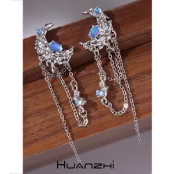 Laser Resin Moonstone Irregular Texture  Metal Long Tassel Moon Drop Earrings for Women Girl Trendy Punk Y2k Jewelry 2023 NEW