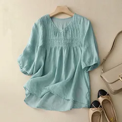 Women's Five Point Sleeve Embroidery Loose Literary Vintage Cotton Top Long Women Boho Fashion Summer Sweet Loose Casual Tops