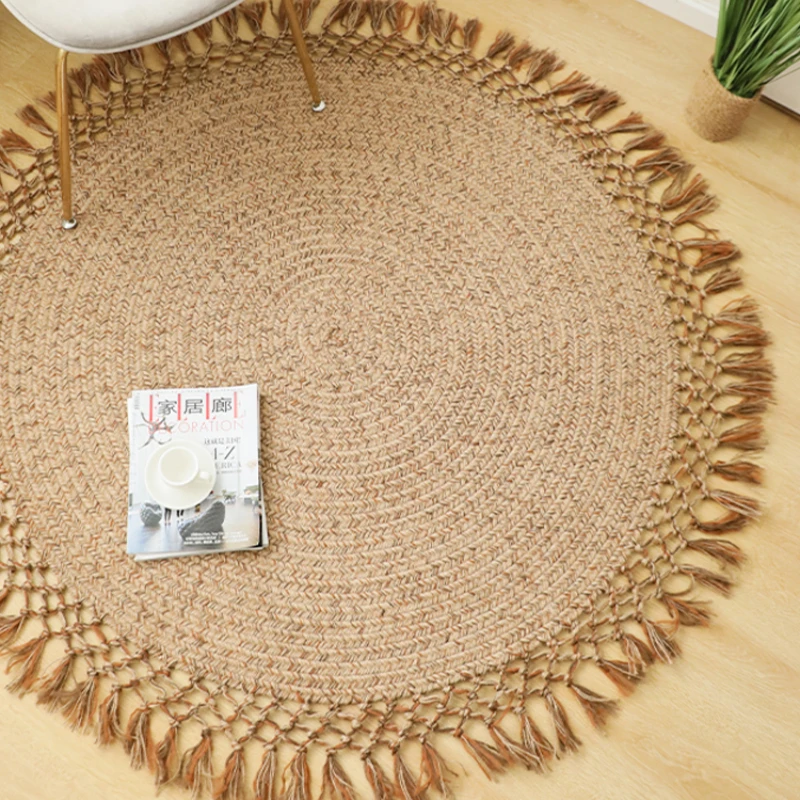 

Handmade Boho Round Jute Carpet Tassels Fringe Living Room Bedroom Bedside Sitting Room Tea Table Tatami Bedroom Sisal Foot Mat