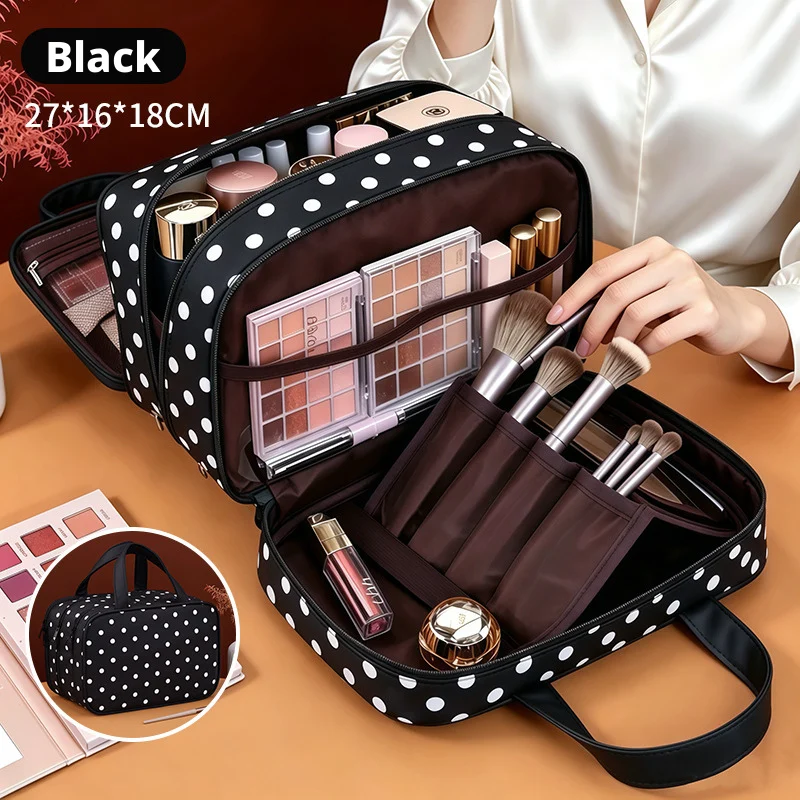 Polka Dot Handheld Makeup Bag Multifunctional Three Layer Partition Pu Cosmetic Bag Large Capacity Waterproof Travel Storage Bag