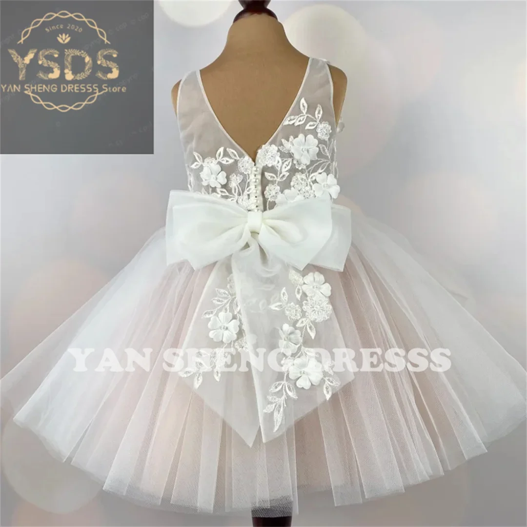 Flower Girl Dress Tulle Sleeveless With Bow Knee Length For Wedding Birthday First Communion Dress