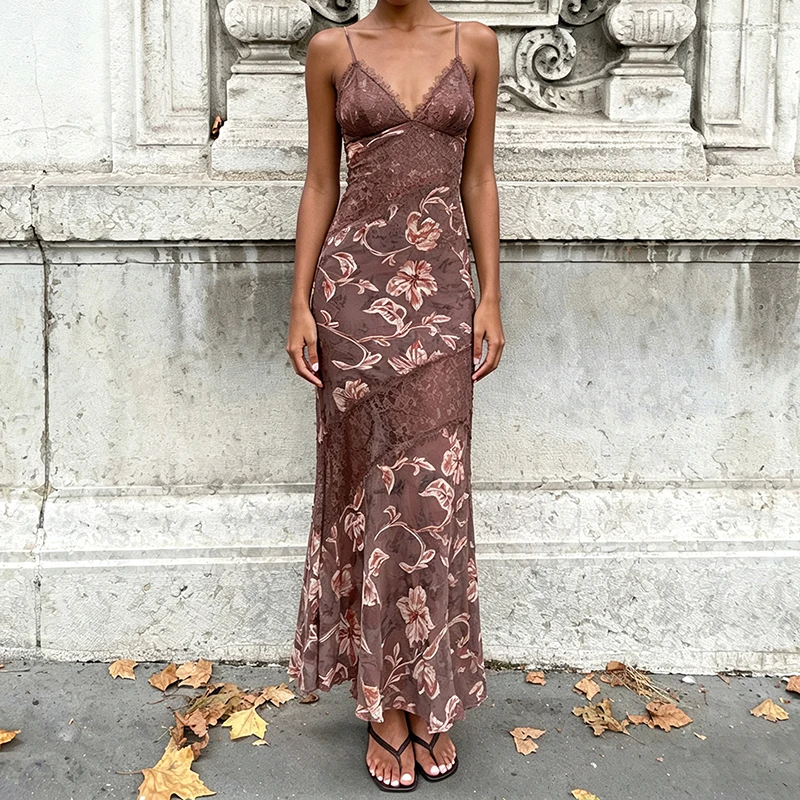 Sexy Lace Splice Hight Waist Suspender Dress Elegant Sleeveless Off Shoulder Long Dress Fashion Pattern Print Slim Holiday Dress