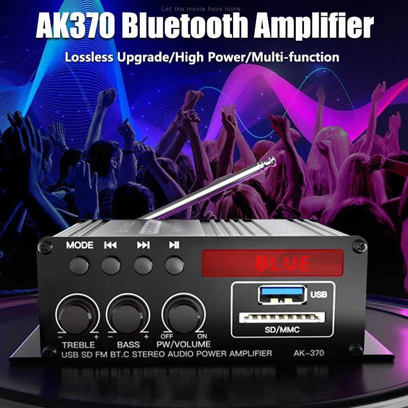 AK370 HiFi Digital Amplifier Mini Home Car Bluetooth MP3 Channel 2.0 Sound Amplifier Stereo Audio Amplify USB SD FM Bass Speaker