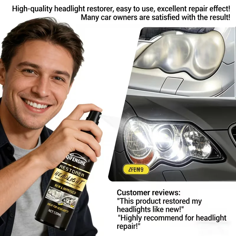 Car Headlight Restorer Spray 120mL, QIFENGHE Professional Headlight Polish, Remove Oxidation/Yellowing, Auto Light Repair & Reno