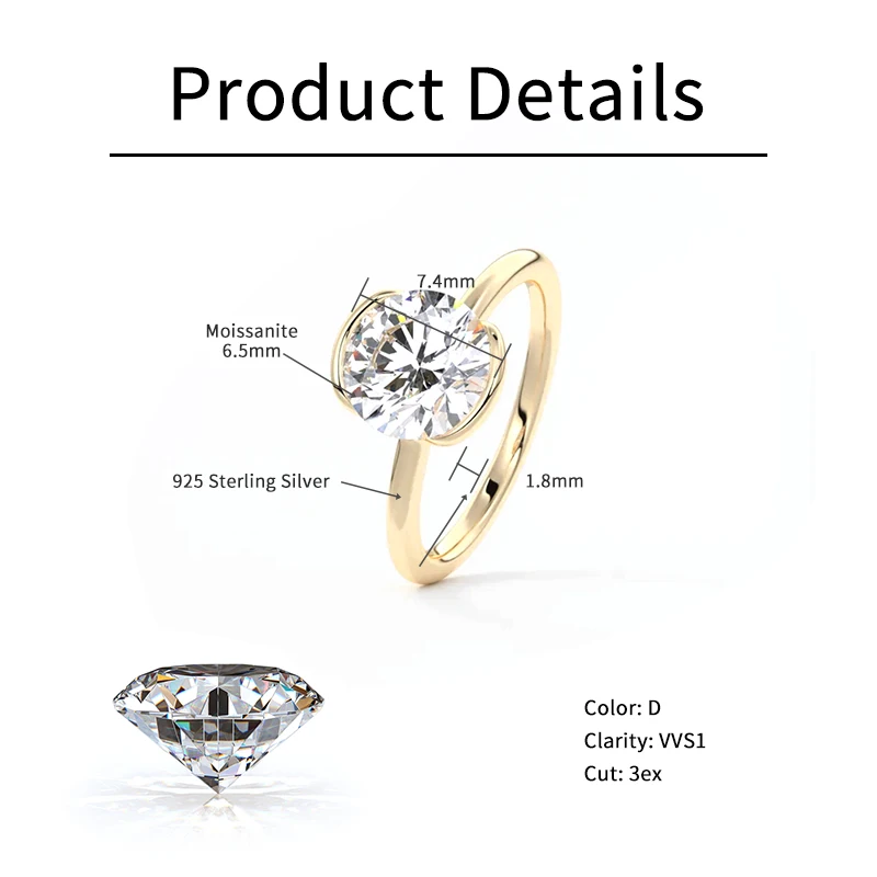 RAPRGOLD 1CT Moissanite Klasik Solitaire Cincin Pernikahan 925 Perak Murni Cincin Pertunangan Wanita untuk Wanita Hadiah Perhiasan Bagus