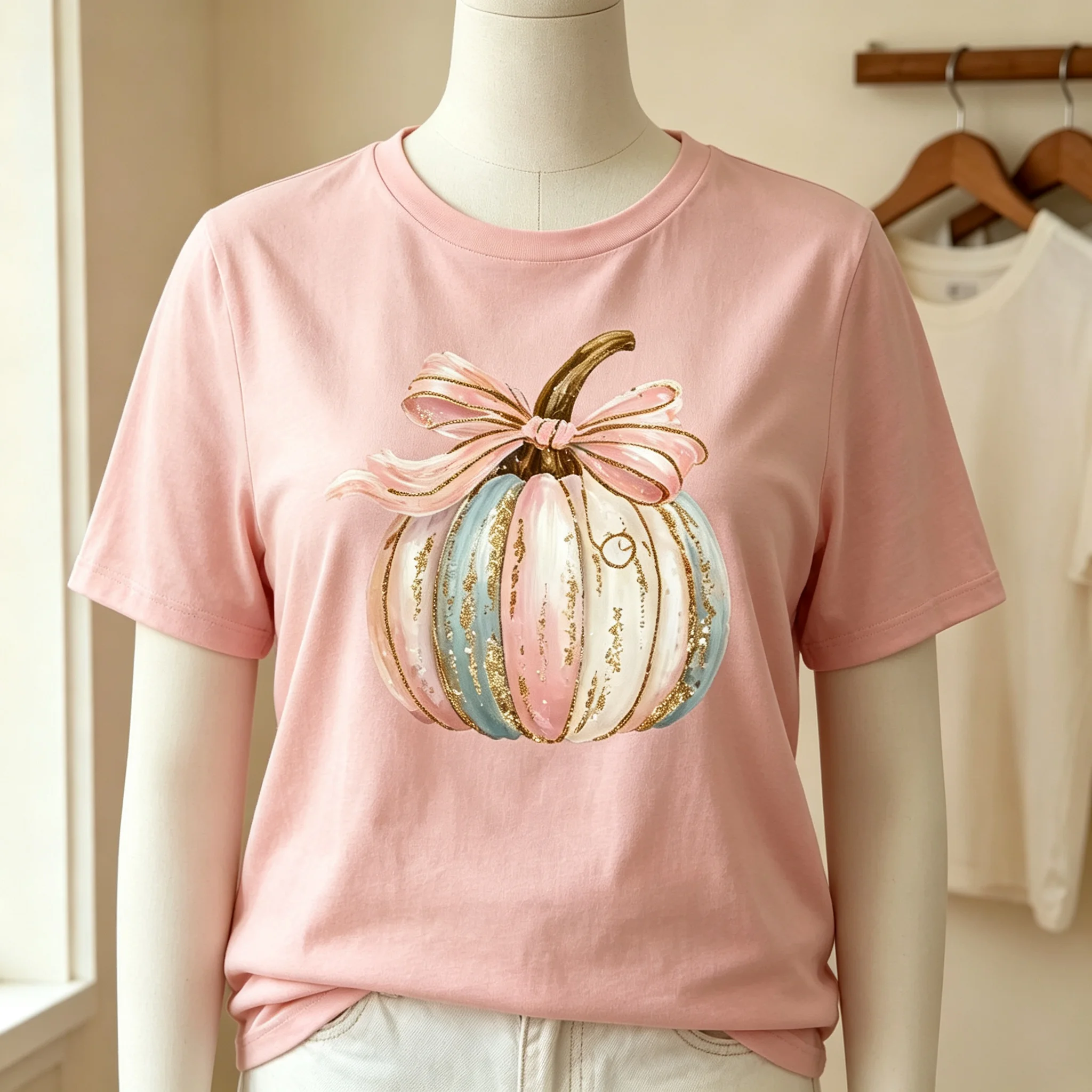 Pastel Pink Coquette Pumpkin T‑Shirt, Soft Fall Autumn Shirt, Cute Bow Pumpkin Graphic Tee, Women Casual Fall Season for Her