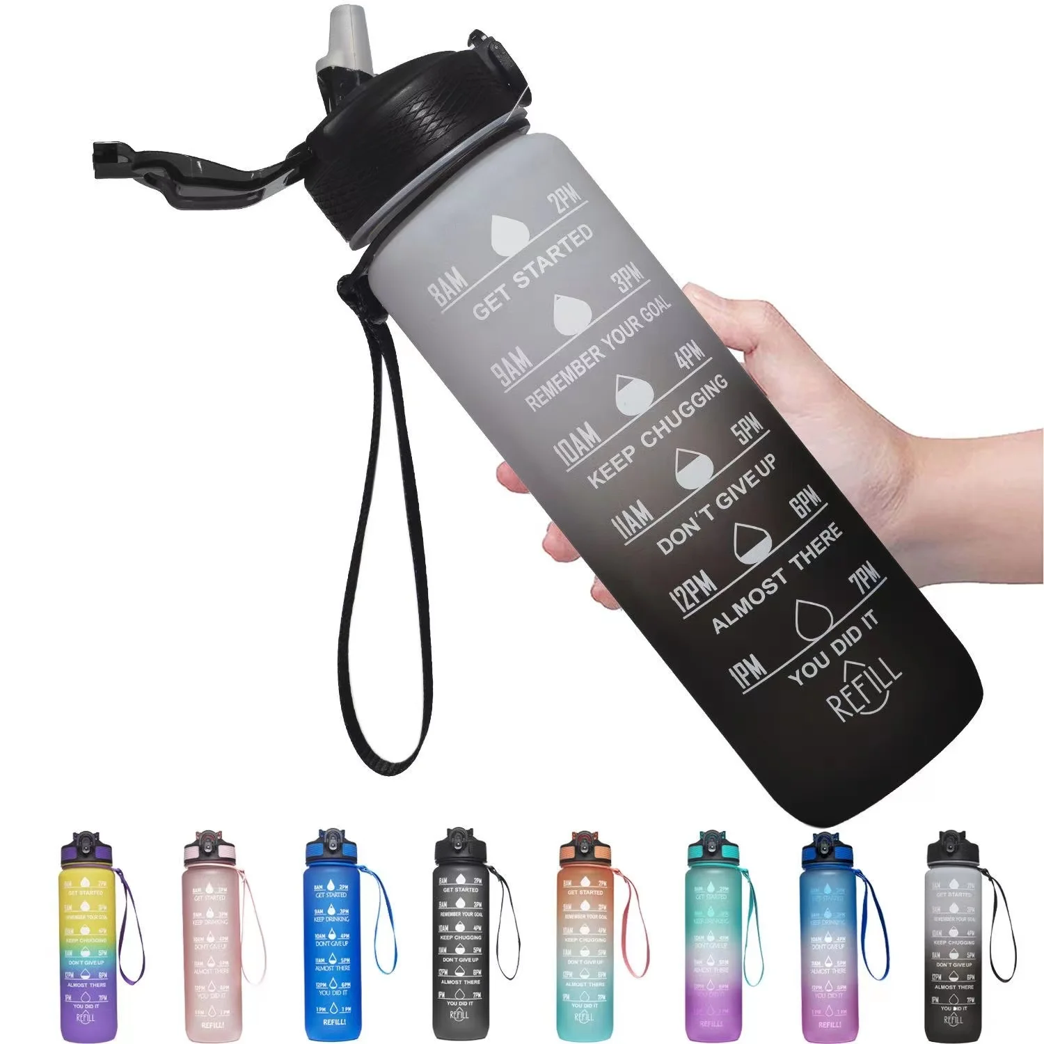 Water Bottle 1L with Straw, Motivational Water Bottle with Time Marker & Buckle Strap,Leak-Proof Tritan BPA-Free, Ensure You