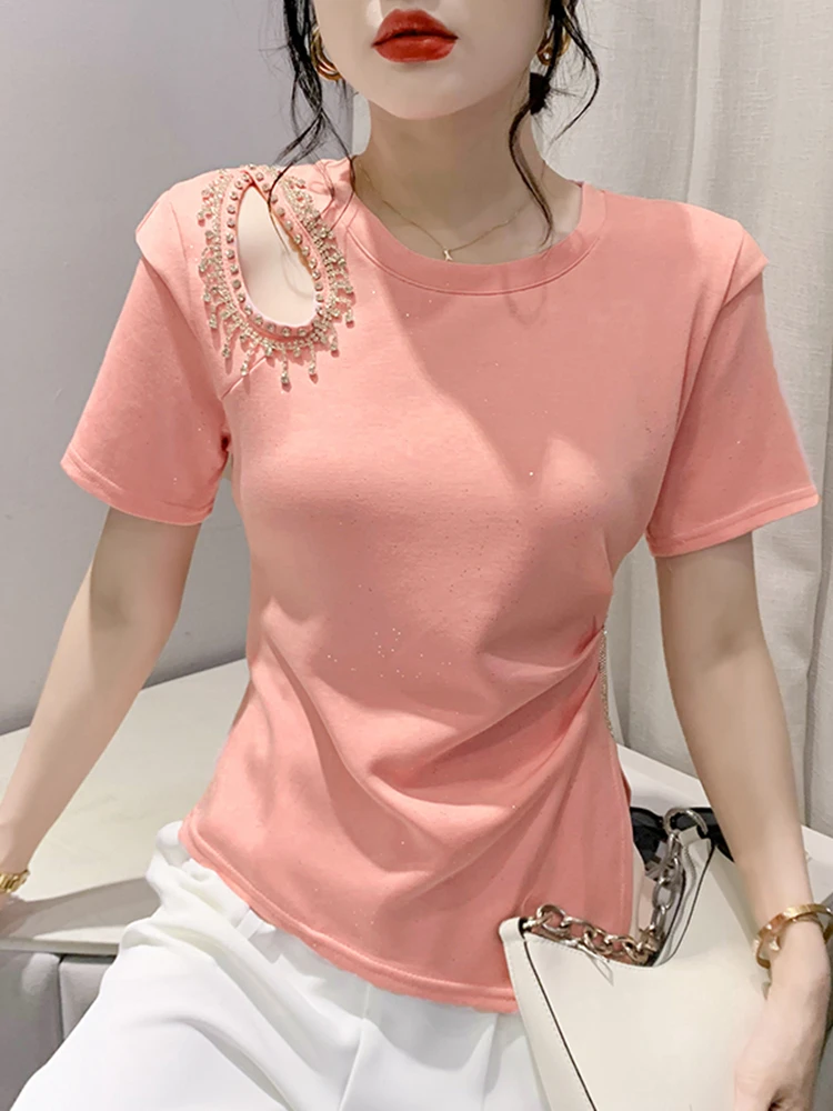 2023 Summer New Slim Fit Heavy Work Nail Beads Off Shoulder Short Sleeve Top Women's T-shirt