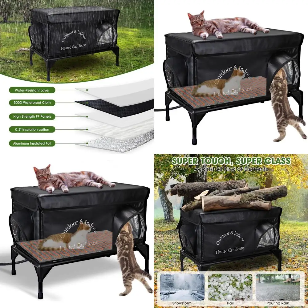 

Insulated Outdoor Cat Shelter with Heating Pad, Waterproof, 2 Doors, Black (25x13.7x18 inches)