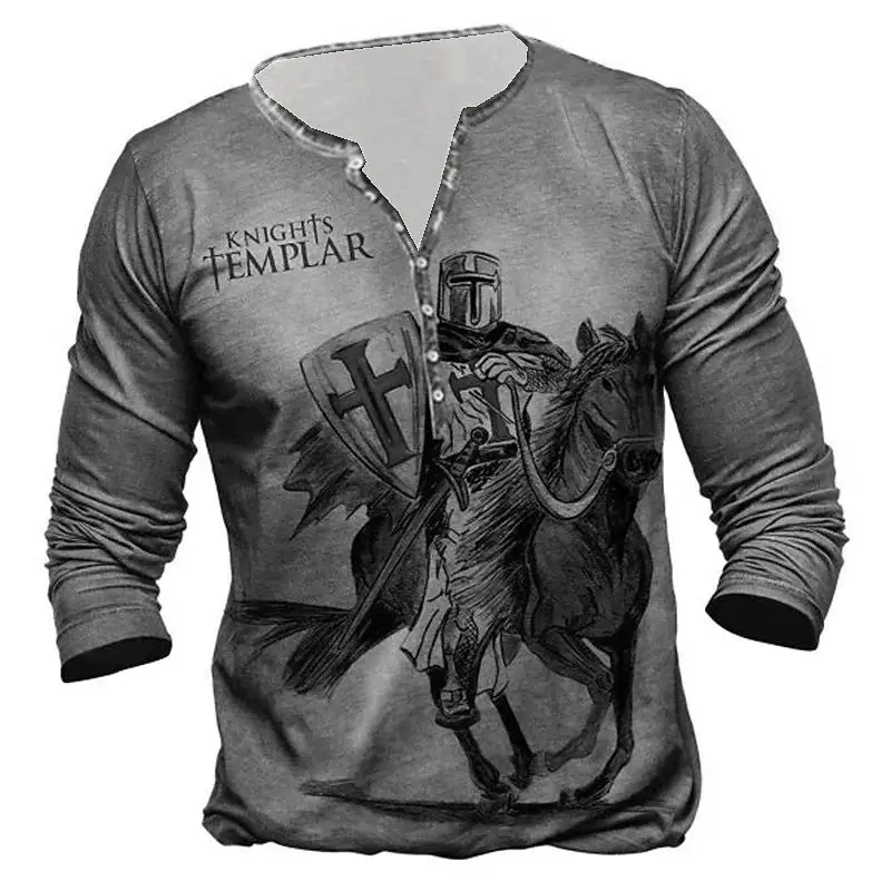 Vintage Men\'s Knight Cotton T Shirt 3d Printed Knight Gothic Long Sleeve T-shirt Oversized Tops Tee Shirt Man Punk Streetwear