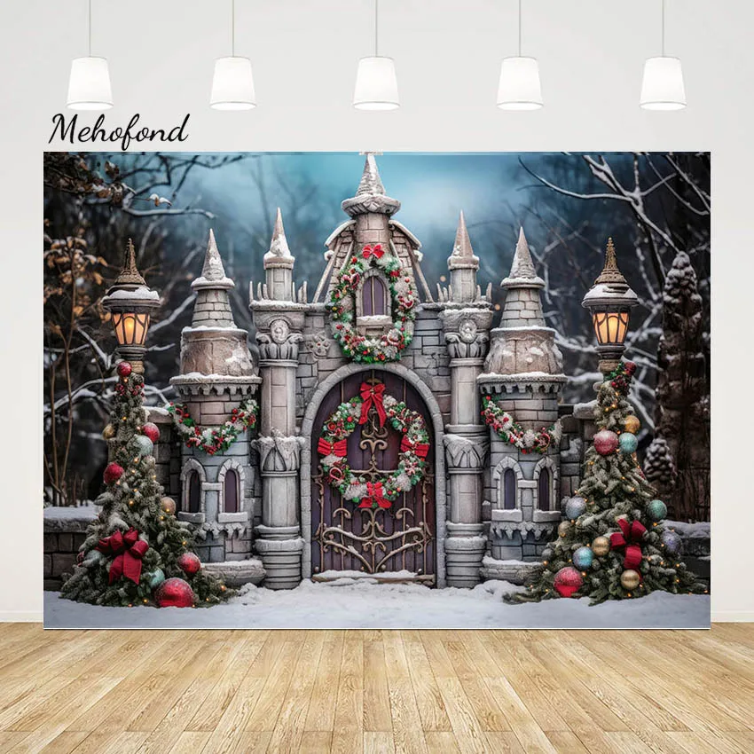 Mehofond Outdoor Christmas Forest Castle Photography Background Kids Birthday Party Xmas Snowy Pine Tree Decor Backdrop Photo