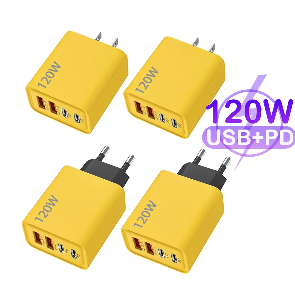 

4-портовое зарядное устройство USB C PD, всего 120 Вт, быстрое зарядное устройство C, быстрая зарядка 3.0, USB-адаптер для электронных часов, вилка европейского/американского стандарта