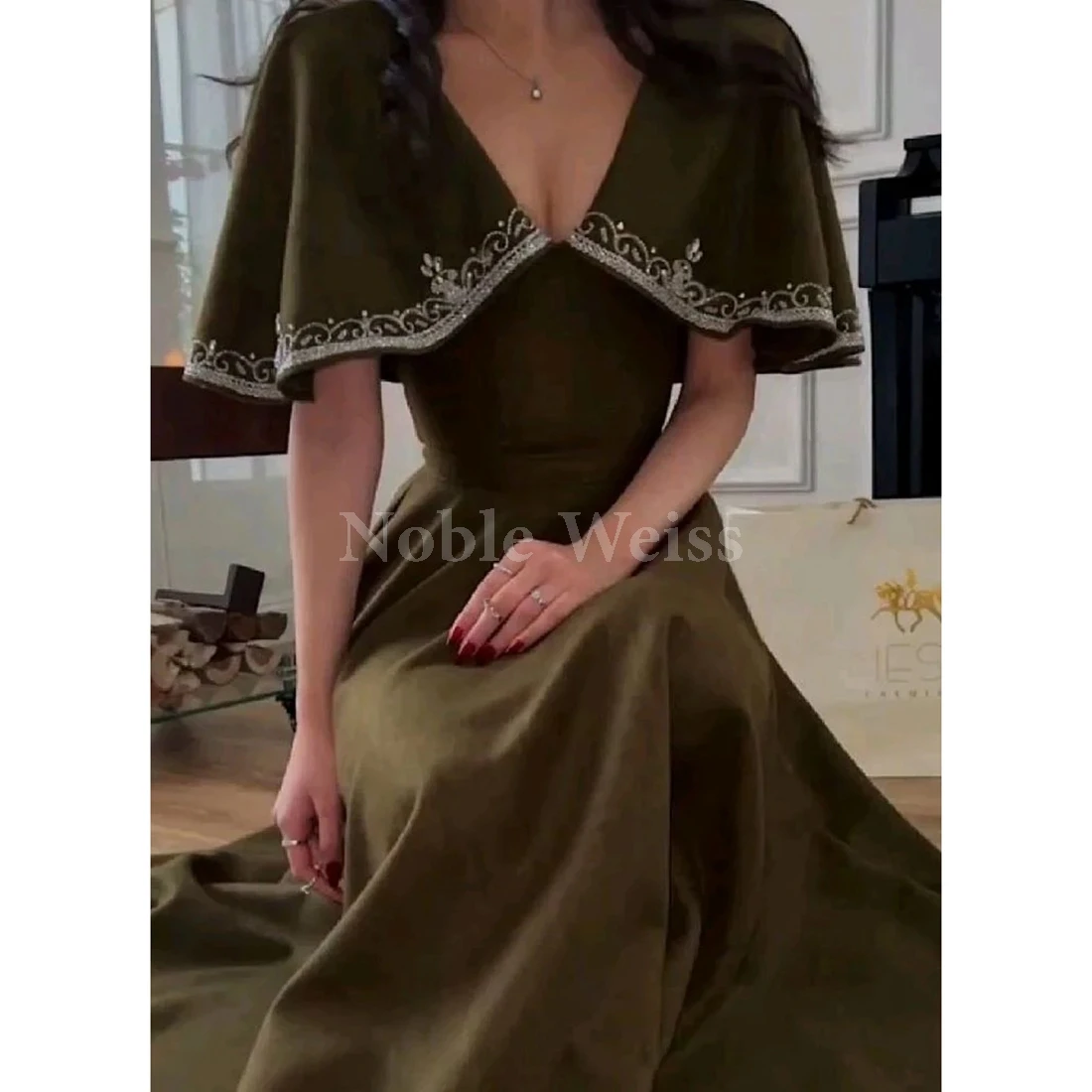 V-Neck Satin Tea-Length Prom Dress Elegant A-Line Party Gown Customize