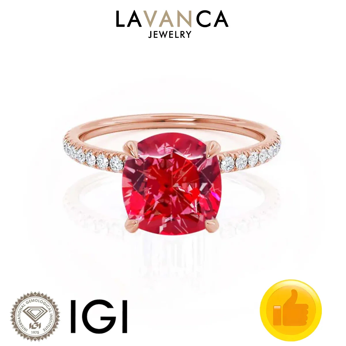 

Cushion Cut Lab Grown Ruby Round Lab Diamond Ring 9K/14K/18K Rose Gold Halo Style Half Eternity Engagement Ring For Women
