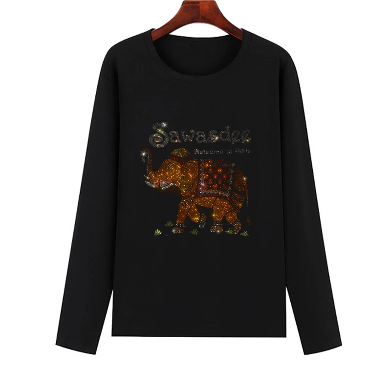 Hot sale high quality women's long-sleeved T-shirt fall rhinestone hot Thai elephant pattern fashion T-shirt, women's T-shirt