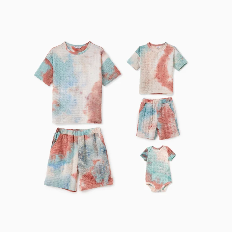 PatPat Mommy and Me Matching Sets Short Sleeves Tie-Dye Textured Fabric Top and Shorts with Pockets