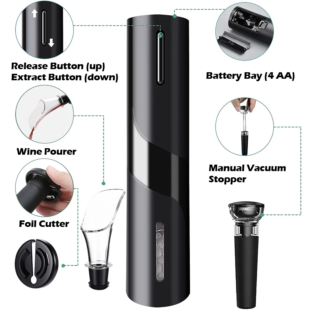 전기 와인 오프너 통풍기 푸어러 호일 커터가있는 자동 코르크 따개 주방 바 파티를위한 원 클릭 버튼 배터리 오프너
