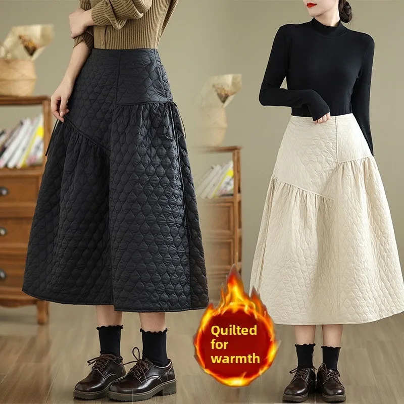 

High Waist A-Line Skirt Thiened Warmth Down Cotton Retro Sle Commute Asymmetrical Design Mid-Length Umbrella Lanyard Skirt