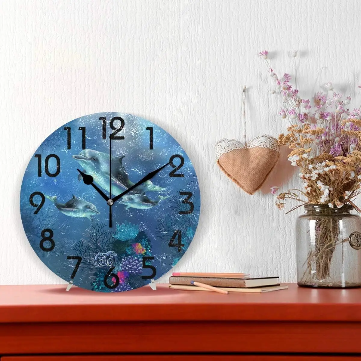 3D Underwater World Happy Dolphins Family Print Round Wall Clock Decorative, 9.5 Inch Battery Operated Quartz Analog Quie