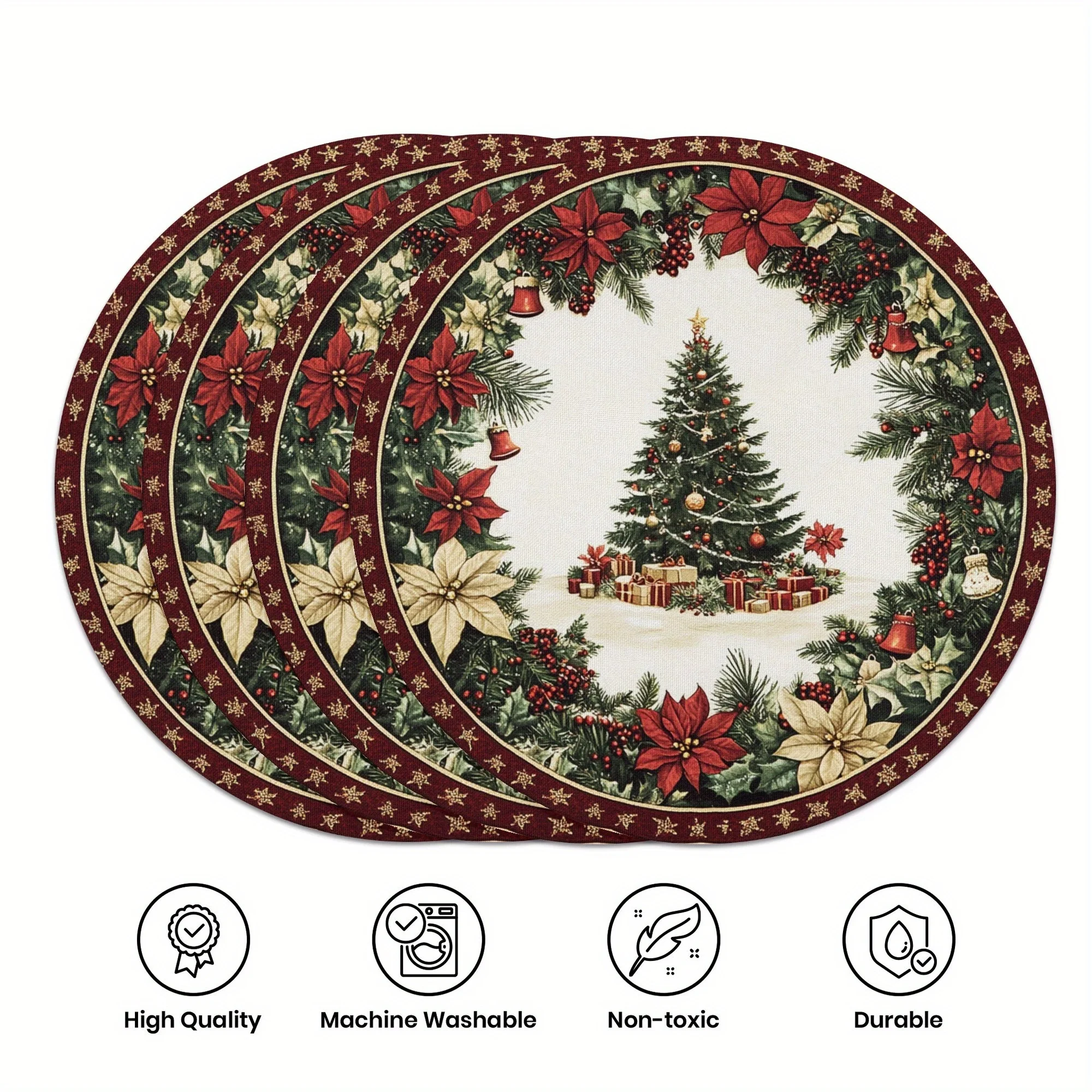 VIKAMA 4PC Weihnachtsbaum Mahlzeit Matte Weihnachtsbaum Ball Glocke Holly Blatt Esstisch Restaurant Weihnachten Party Dekoration