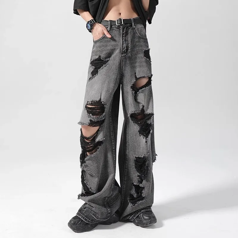 

Men's Ripped Denim Jeans Summer Trendy Loose Wide Leg Pants American High Street Straight Floor-Length Casual Trousers