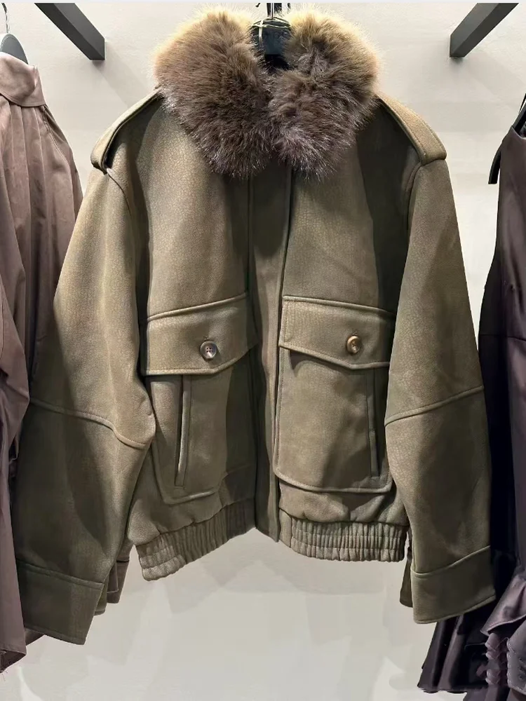 

Осень 2023, новое женское пальто-туэт в американском стиле со съемным воротником, эффект искусственной замши, свободный крой, длинная застежка-молния