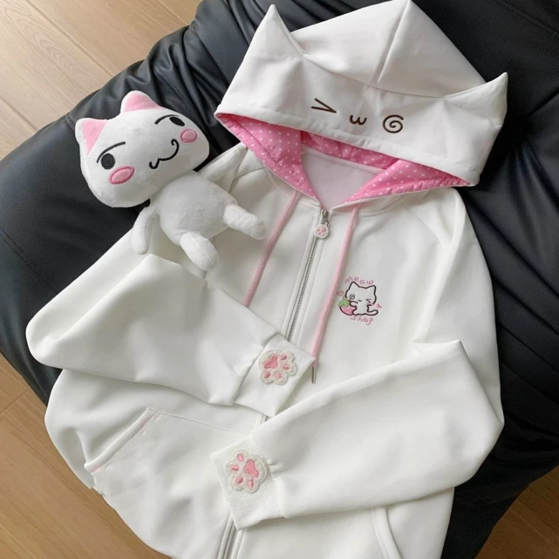 سترة نسائية بغطاء للرأس على الطراز الياباني من Deeptown سترة بقلنسوة برسوم كارتونية حلوة هاراجوكو سترة سميكة من Cutecore كبيرة الحجم بسحاب