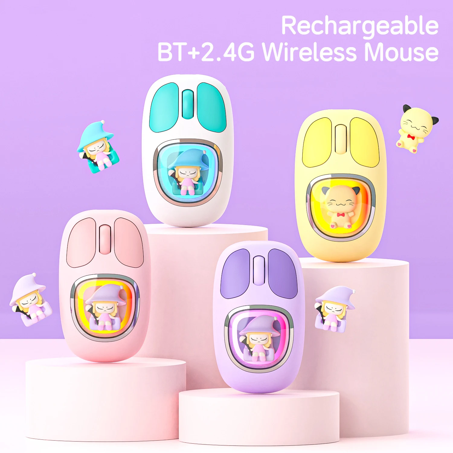 

Tri-Mode Fashion Cool Cartoon Doll Mice Ergonomic Optical 3D Wireless 2.4G+Bluetooth Cute Office Silent Mouse For Girls Gifts