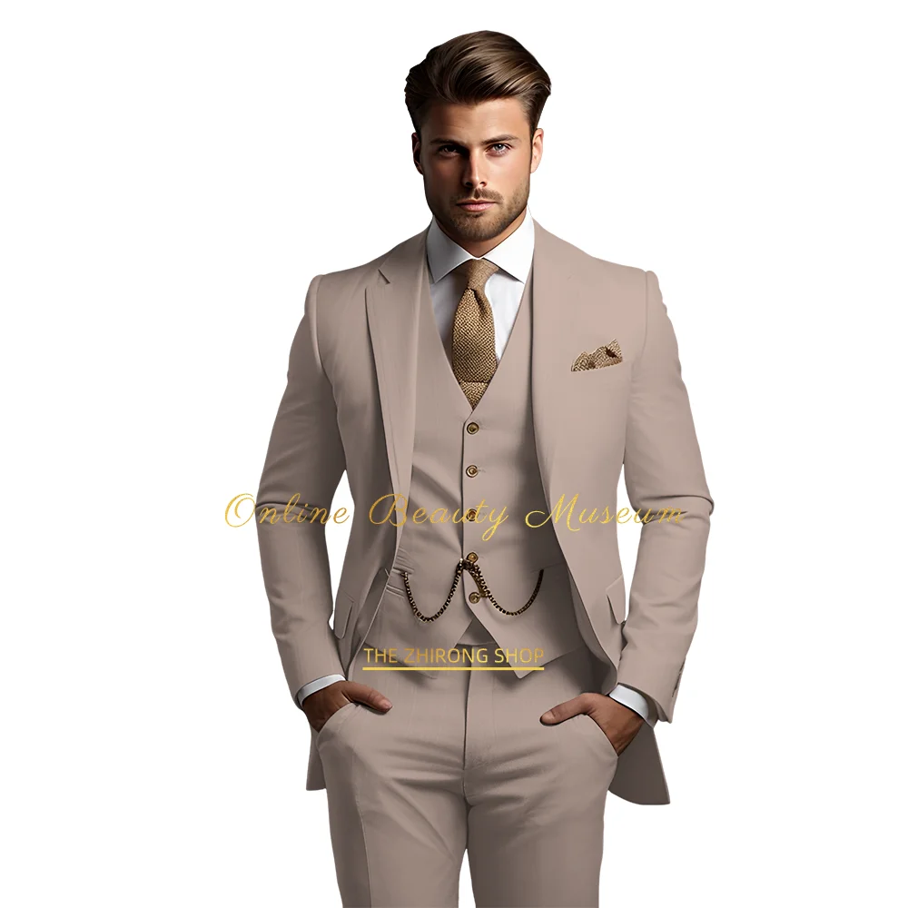 Men's khaki suit (jacket + vest + pants), fashionable and elegant style, high-quality tailor-made dress for wedding parties