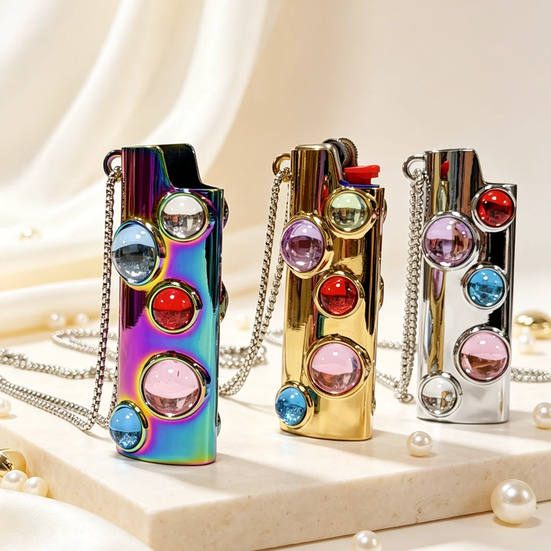 Custodia Protettiva di Lusso in Metallo per Accendino BIC J6 con Catena e Intarsio di Gemme, Ciondolo Collana alla Moda per Regali Eleganti