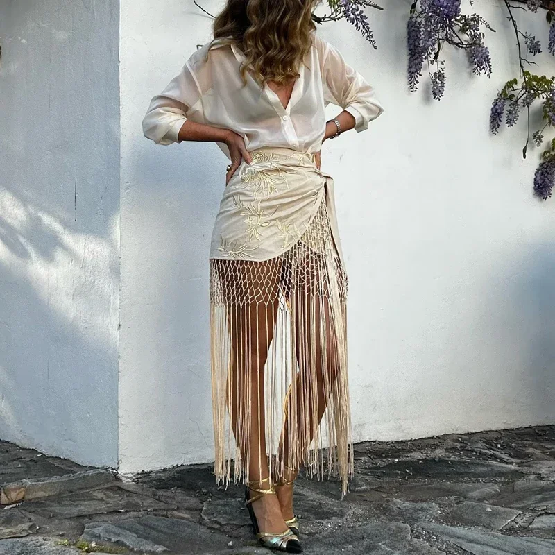 

2025 Embroidery Lace Long Skirt Woman High Waist Midi Skirts for Women Summer Beach Skirt Woman Tassel Women's Skirts Cylinder