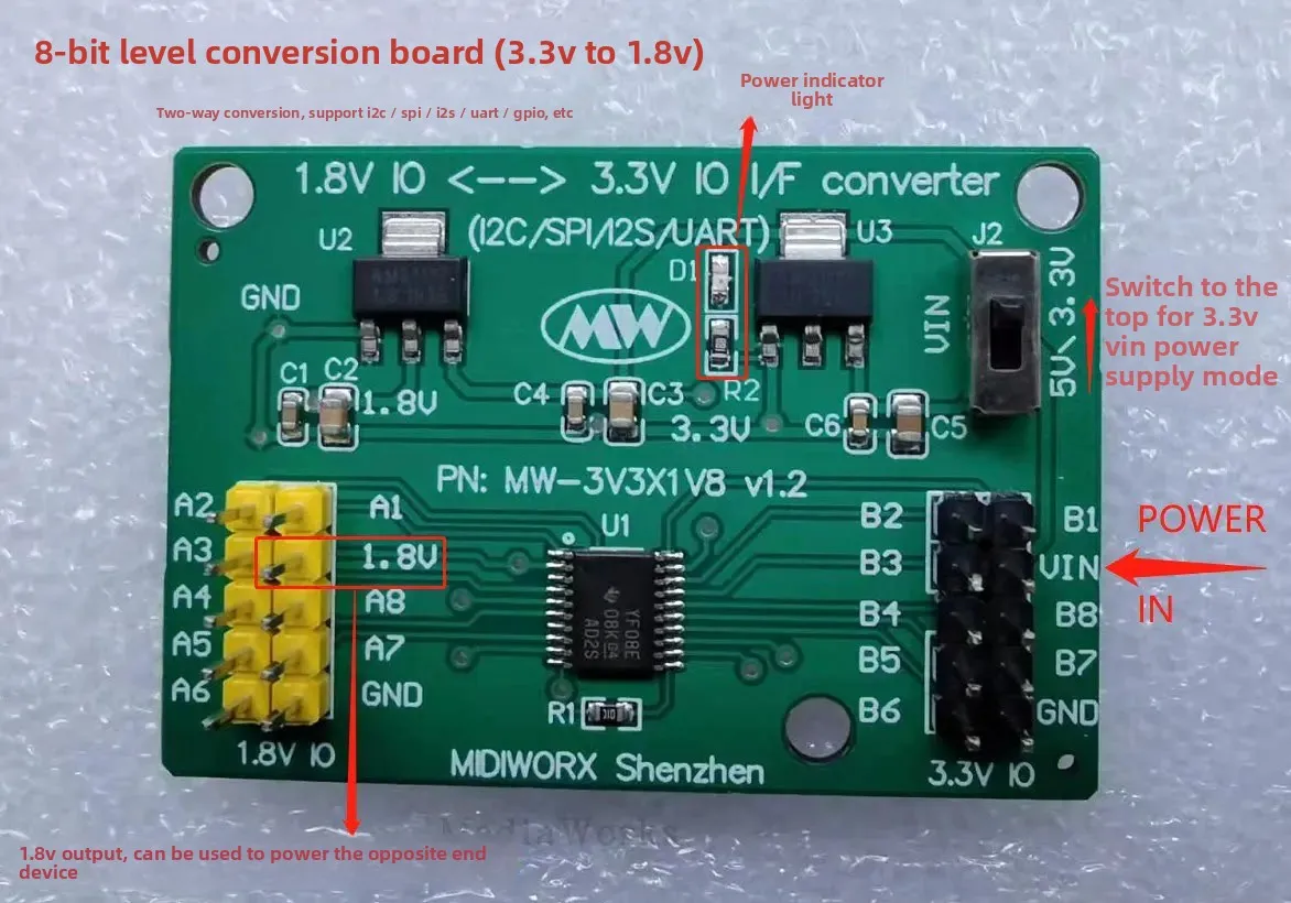 8 Channel Bidirectional Level Shifter Board 3.3V to 1.8V 1.2V Logic Converter Module I2C SPI UART