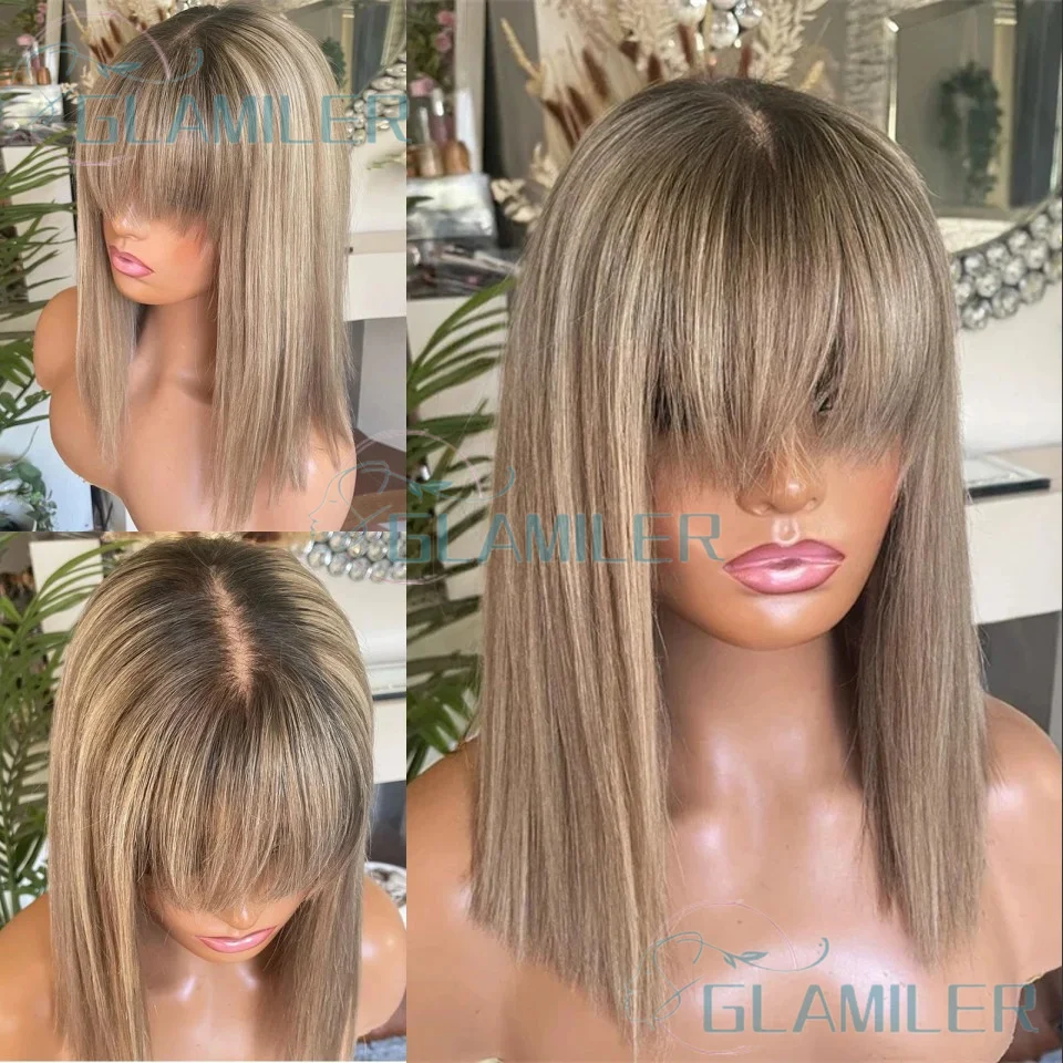 

Glueless 13x4 Lace Front Wigs Fringe Short Bob Highlight Light Brown Blonde Human Hair Full Lace Wigs With Bangs Bleached Knots