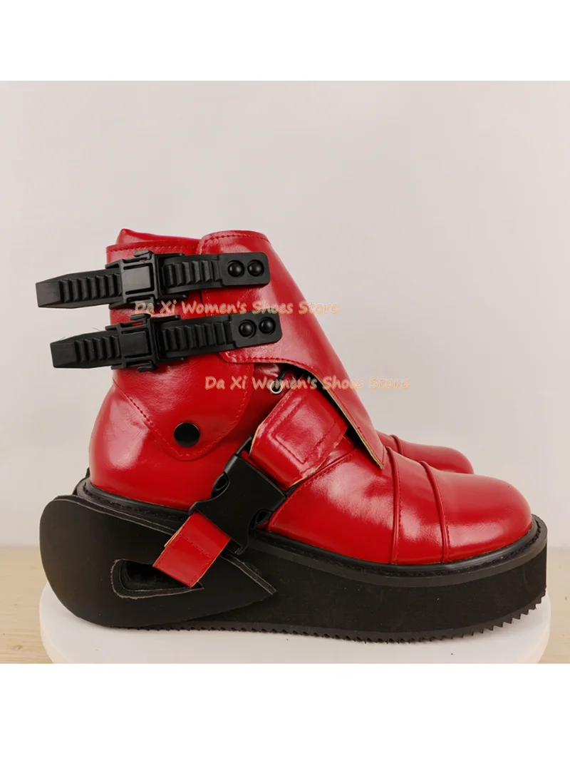 Red Patent Ankle Boots Techwear Multi Buckle Strap Cut Out Hollow Platform Sole Boots Y2K Gothic Motorcycle  red Women's Boots - view 2