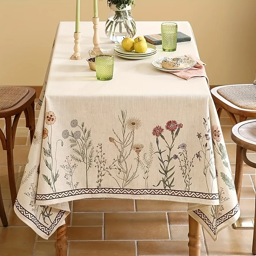 One linen floral tablecloth, suitable for a rectangular table, featuring colorful floral patterns.