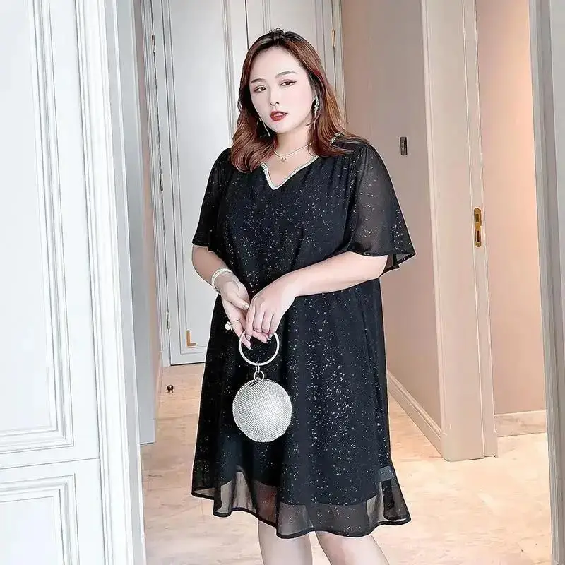 Women's Fat Mm Black Dress, Summer Dress 2023, New 140kg, Fashionable, Loose, Thin, Short-sleeved Temperament, V-neck Dress