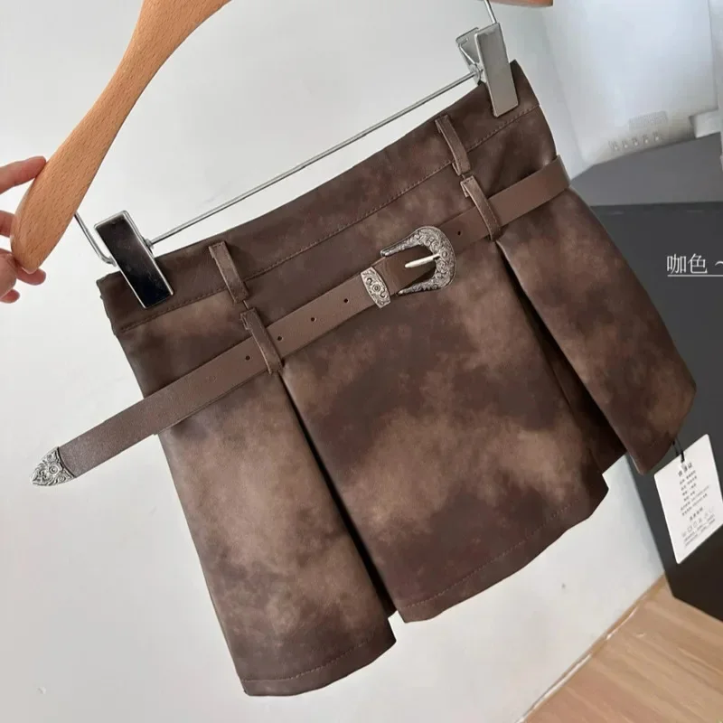 Retro American Vintage Leather Short Skirt Belt Women 2024 PU Half Body Color Blocked Pleated High Waisted A-Line Skirt New