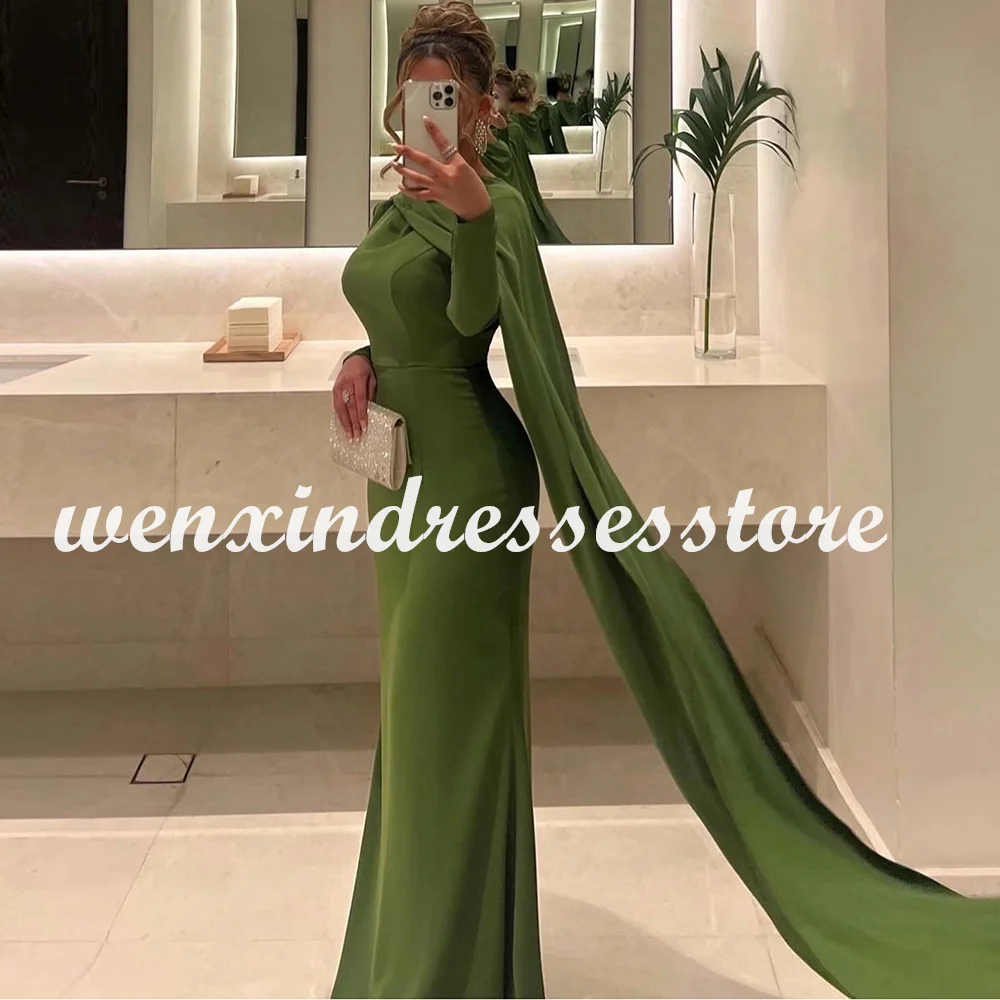 Simple Green Evening Dresses Long Prom Dresses Straight High Collar Jersey Saudi Arabia Pleat Watteau Train Wedding Party Gowns