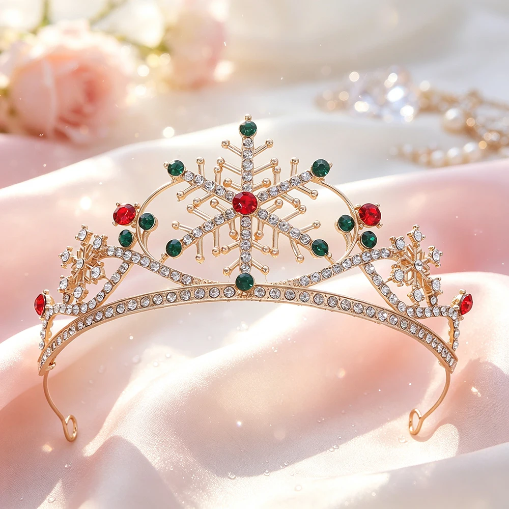 Gold Snowflake Tiara Rhinestone Queen Crown Christmas Wedding Holiday Birthday Party Headpiece Bridal Hair Accessories for Women