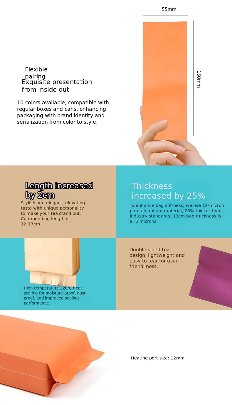 Custodia estesa e ispessita con capacità di 15 g, confezione da tè, piccola borsa in foglio di alluminio con striscia lunga